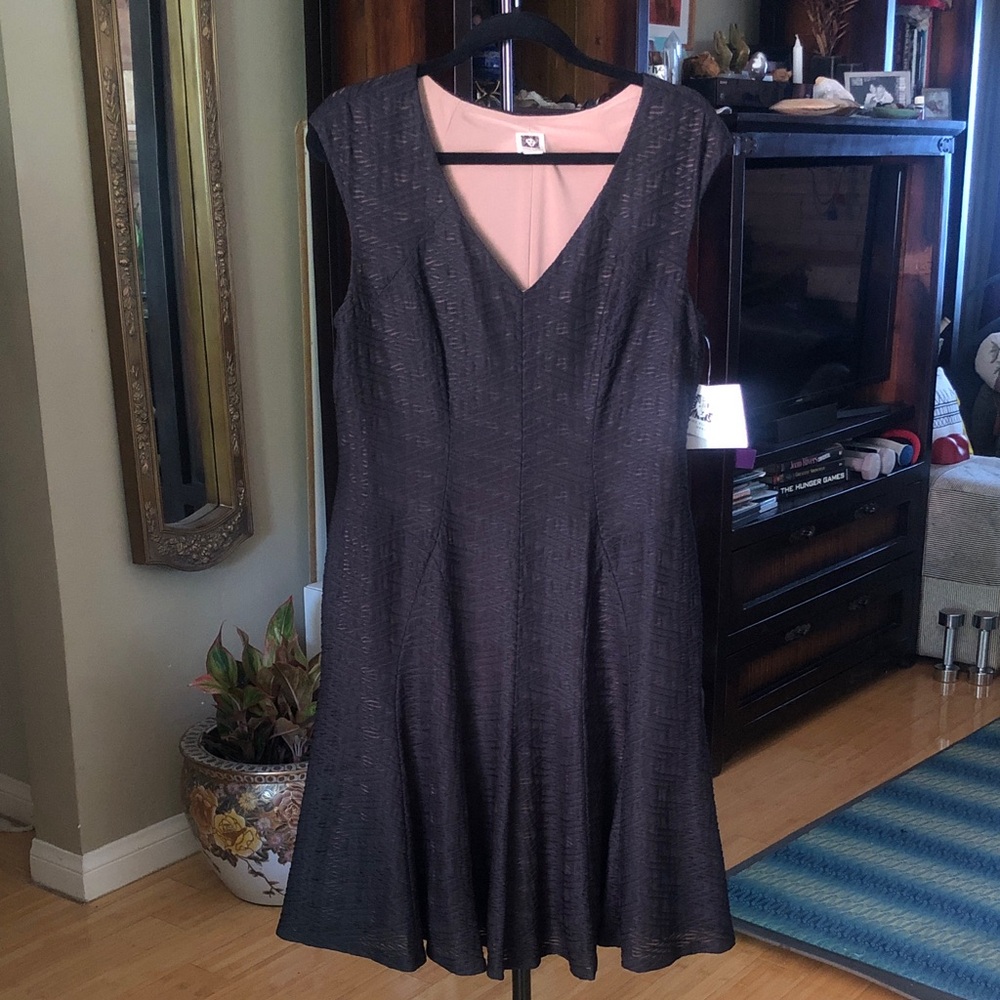 Anne Klein Women's V-Neck Fit & Flare Dress in Black with Nude Lining